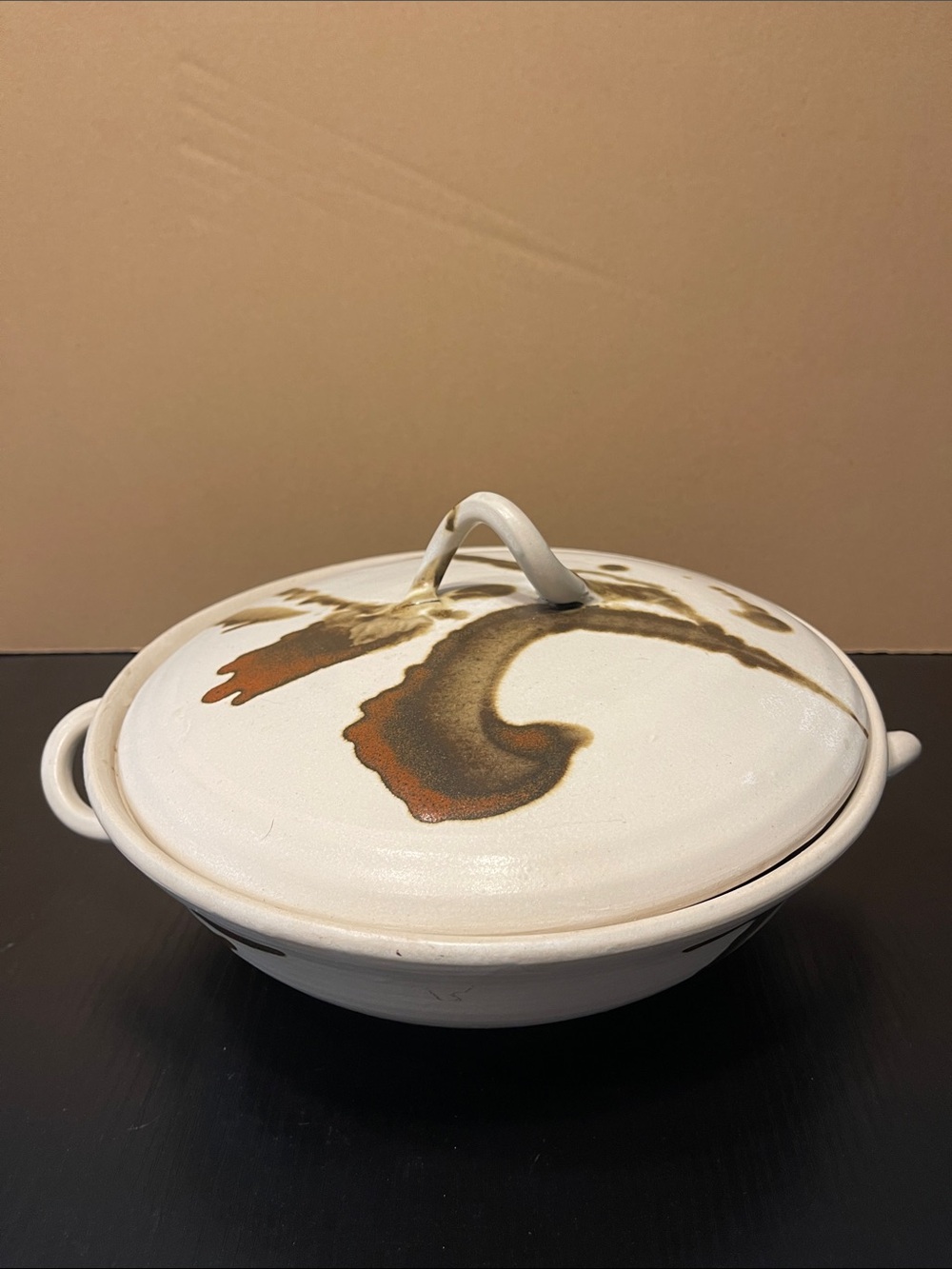 White Ceramic Covered Casserole with Brown Glaze Accent
